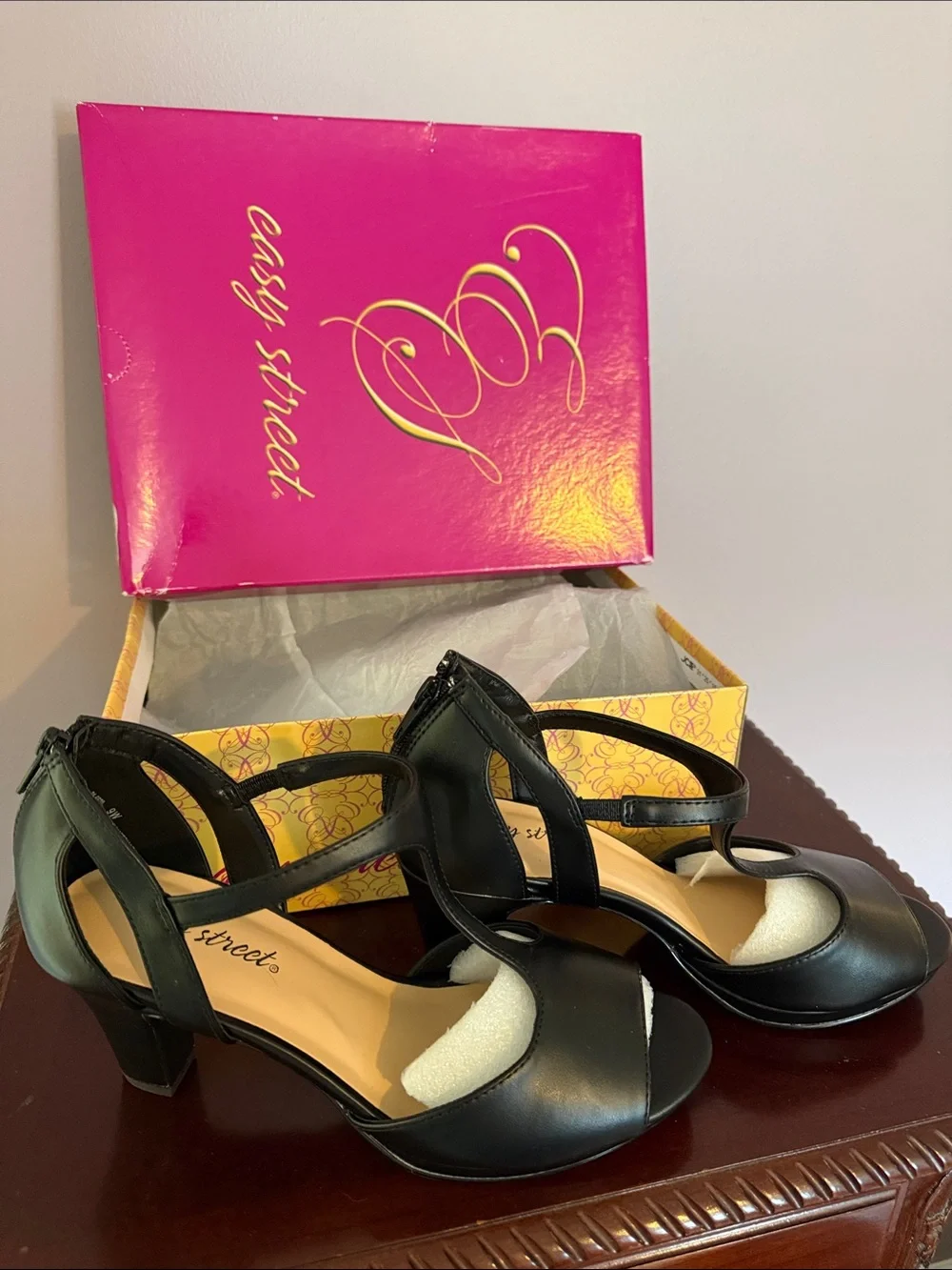 easy street Black T-Strap Block Heel Sandals